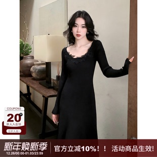 显身材套头针织连衣裙 A字修身 SYT自制 高端气质蕾丝花朵拼接长袖