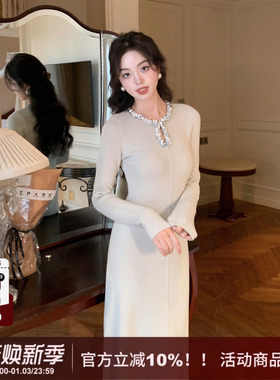 SYT自制 拼接水滴亮片领口优雅显气质针织裙女浪漫复古高腰连衣裙