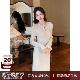 SYT自制 拼接水滴亮片领口优雅显气质针织裙女浪漫复古高腰连衣裙