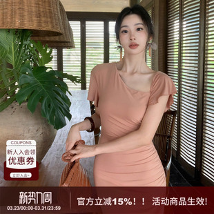 新款 显瘦连衣裙女2026春季 褶皱收腰裙 面料超舒服斜肩修身 SYT自制