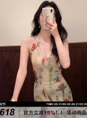 SYT自制 复古网纱印花挂脖鱼尾连衣裙度假战裙女夏季新款气质长裙