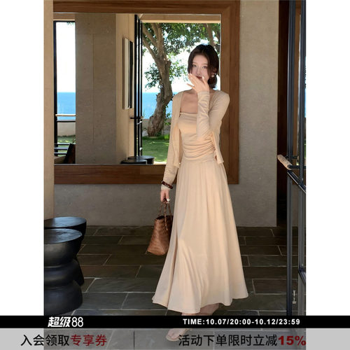 SYT自制 纯色温柔风天丝亚麻修身型宽松开衫吊带三件时尚套装裙女