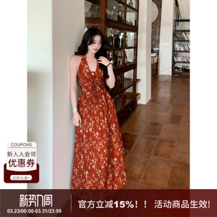 复古修身 SYT自制 型挂脖V领抹胸绑带花朵印花A字连衣裙 醉春风