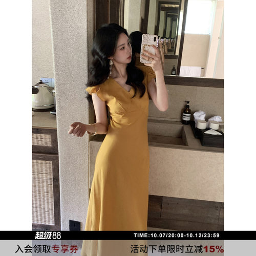 小飞袖天丝亚麻绑带V领连衣裙