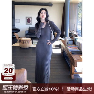 纯色简约坑条绑带修身 SYT自制 显瘦V领针织连衣裙打底裙 空境