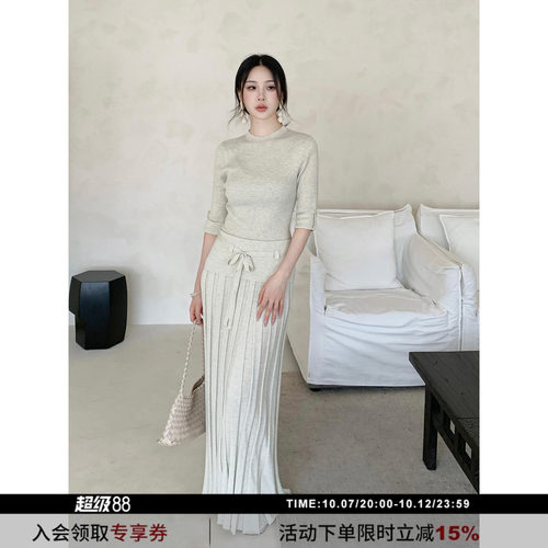 羊毛翻褶中袖针织衫显瘦上衣T恤
