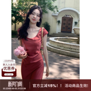 显瘦褶皱优雅气质性感长裙 修身 SYT自制 缎面丝滑连衣裙女2026新款