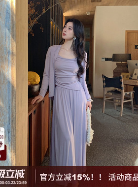 SYT自制 法式复古宝藏不规则吊带开衫半裙三件套氛围感气质连衣裙