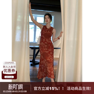 新款 荡领后绑带花朵连衣裙女2026春季 红色收腰长裙 法式 SYT自制