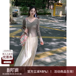 SYT温柔婉约 杏色百褶裙 松弛感飘逸大摆褶皱高腰半身裙女显瘦长款