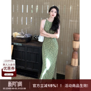 挂脖收腰修身 SYT原创 新款 挂脖开衩绿色吊带裙女2026春季 长裙 法式