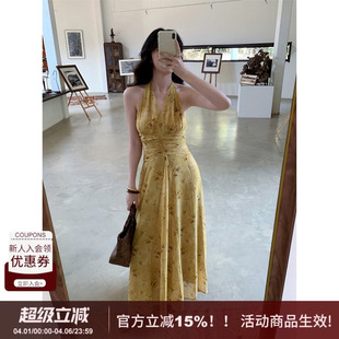 SYT自制 约会民族风显白V领露背碎花挂脖修身 型A字连衣裙 茶烟