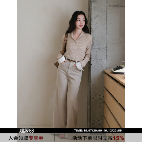 SYT自制复古杏色微喇牛仔裤