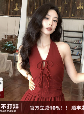 SYT自制 港风红色绑带挂脖度假连衣裙2025夏季新款收腰大摆长裙