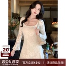 显瘦百搭A字长款 优雅气质感蕾丝花朵修身 连衣裙 方领法式 SYT自制