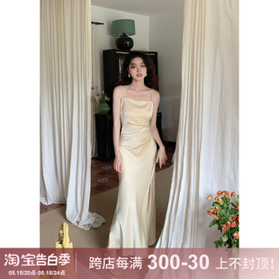 高级感褶皱收腰开叉连衣裙 显瘦吊带裙女夏季 极简缎面修身 SYT自制