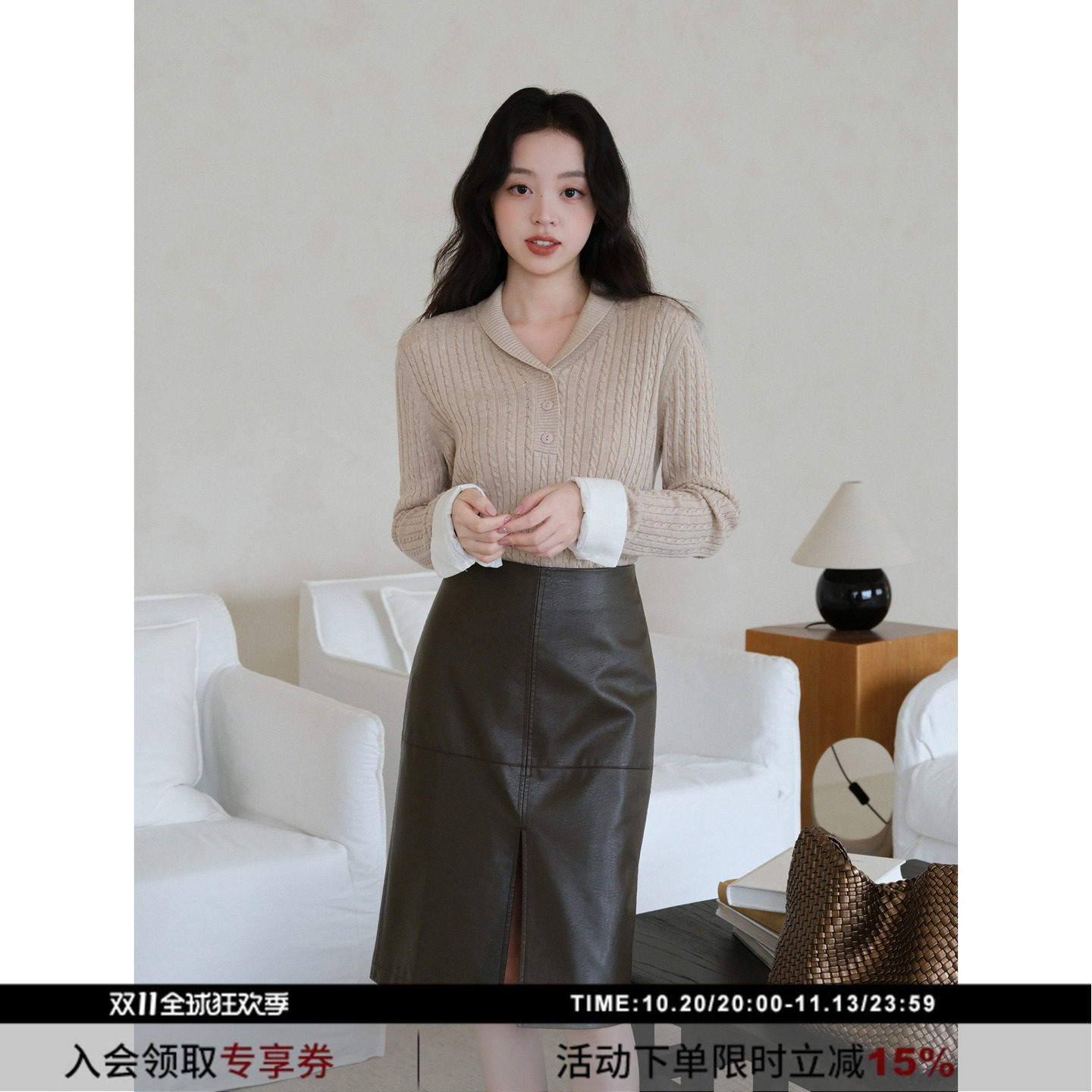 【泊舟】SYT自制 轻奢复古老钱风通勤高品质开叉皮质高腰半身裙女