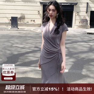 裙女夏新款 纯色两件套 垂感好极简荡领连衣裙收腰绑带套装 SYT自制