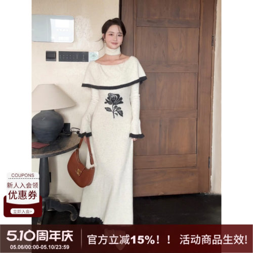 SYT现货羊毛围脖花朵针织连衣裙