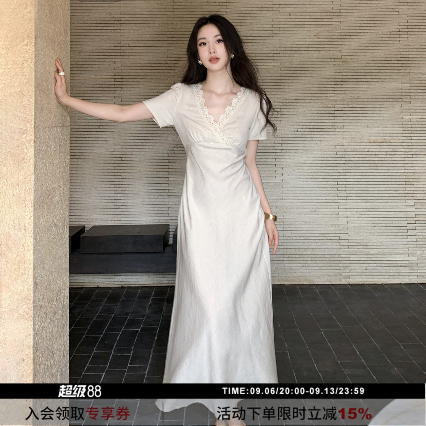 亚麻高品质蕾丝v领连衣裙图片