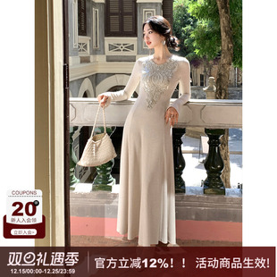 法式 SYT自制 名媛风亮片长裙刺绣收腰显瘦针织连衣裙 月下星河