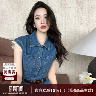 蕾丝拼接长裙 新款 SYT原创 高品质配腰带翻领牛仔连衣裙女2026春季