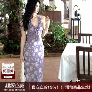 SYT自制 复古包臀印花裙 大花朵木耳边挂脖绑带连衣裙女2026春新款