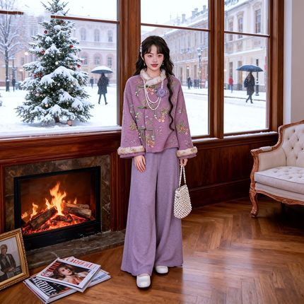 超好看紫色优雅新中式保暖毛绒领旗袍女2025冬新款倒大袖日常可穿,女装/女士精品,汉服套装,淘宝优惠券,粉丝福利购,淘宝优惠卷