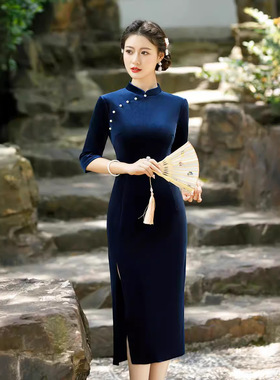 2023新品秋季复古高端修身中袖丝绒旗袍 宝蓝色中国风纯色旗袍裙