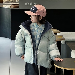 2025新款冬装短款女童羽绒服90白鸭绒儿童加厚保暖童装双面穿外套