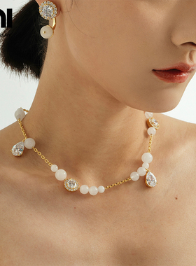 石系列石光宝气雪花石白石落珠项链爆闪小众设计链条