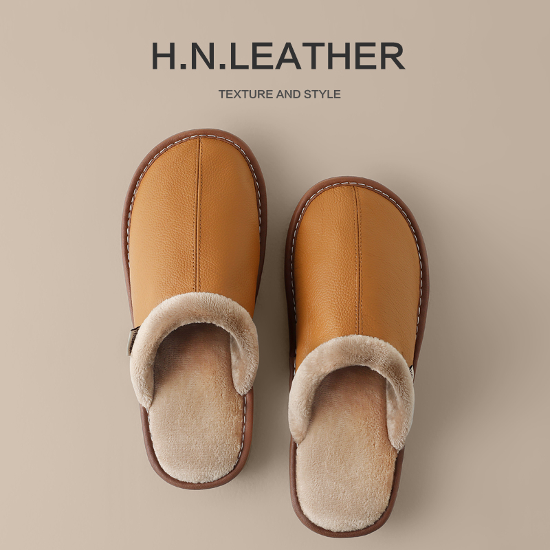 头层牛皮海宁真皮面棉拖鞋男女冬季居家室内防水防滑厚底保暖家用