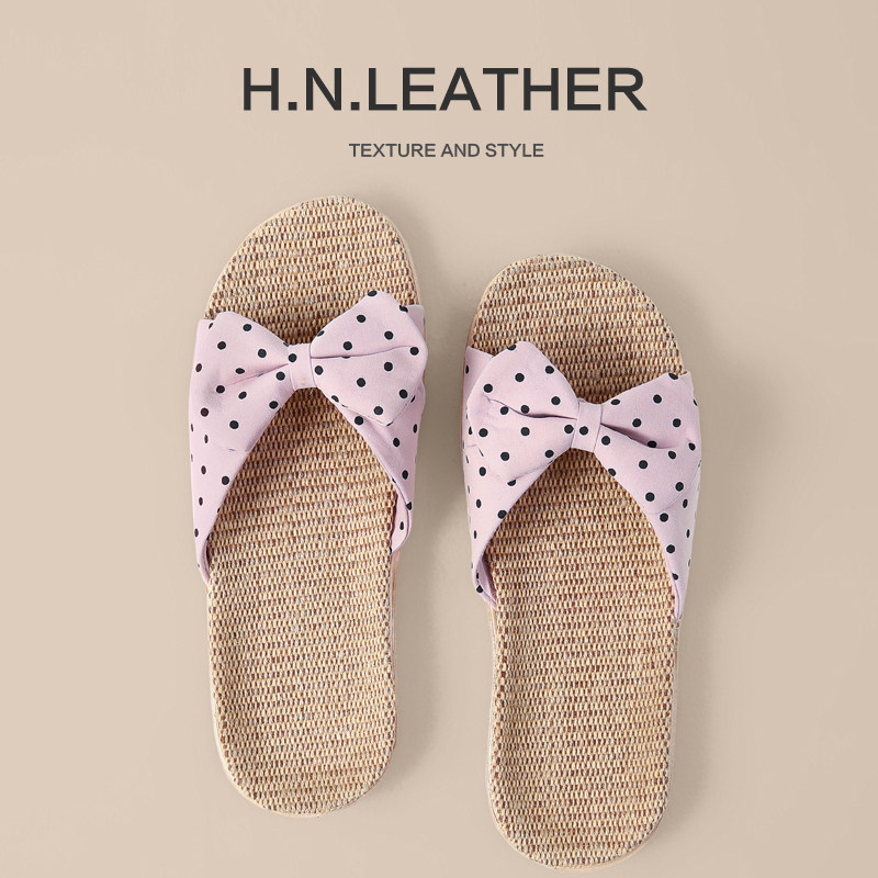 亚麻盆底夏季居家凉拖鞋女士透气吸汗防滑静音轻便室内家用蝴蝶结