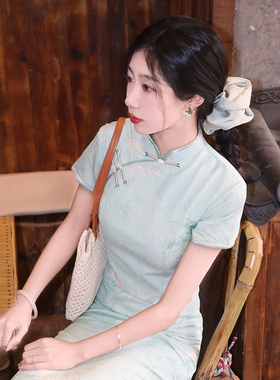 绿竹新中式改良旗袍2025新款夏季高考送考绿色文艺小清新连衣裙女