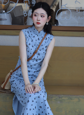 蓝玫华新中式旗袍2026新款无袖古法全开襟蓝色绝美国风夏季文艺女
