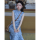 古法全开襟蓝色绝美蓝色夏季 无袖 文艺女 旗袍2026新款 蓝玫华新中式