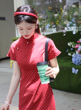 霓时新中式旗袍古法2026新款夏季红色波点年轻日常少女显白连衣裙
