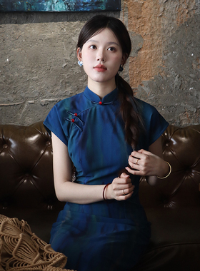 意冉新中式改良旗袍2025年新款夏季女蓝色气质优雅国风绝美小个子