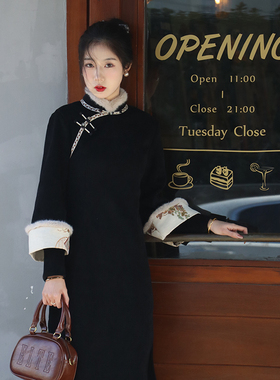 流华新中式国风旗袍黑色2025新款冬季加绒加厚高端气质改良秋冬女