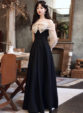 出租新款黑色宴会裙长袖气质露肩法式高端优雅年会主持人晚礼服