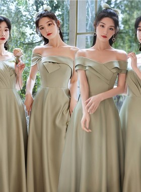 出租伴娘服缎面修身绿色仙女姐妹团婚礼晚礼服裙小众高端气质简约