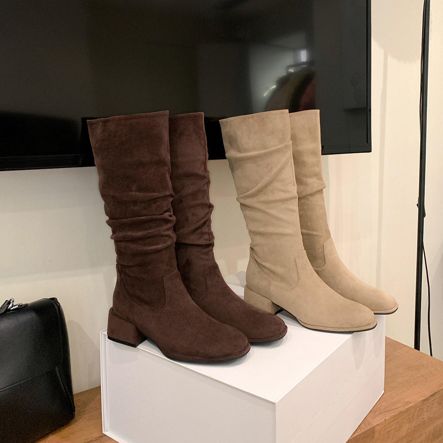 骑士靴女2025新款圆头粗跟西部靴子高筒长靴复古显瘦褶皱堆堆欧美,女鞋,骑士靴,淘宝优惠券,粉丝福利购,淘宝优惠卷