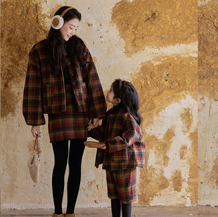 韩版亲子装母女小香风格子套装女童毛呢外套裤子短裙两件套裙子冬