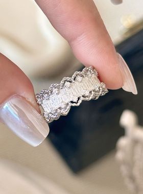 Lucky K S925纯银法式蕾丝花边拉丝中古vintage雕花镂空开口戒指