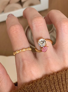 Lucky K S925银双生石粉白水滴锆石戒指开口可调节