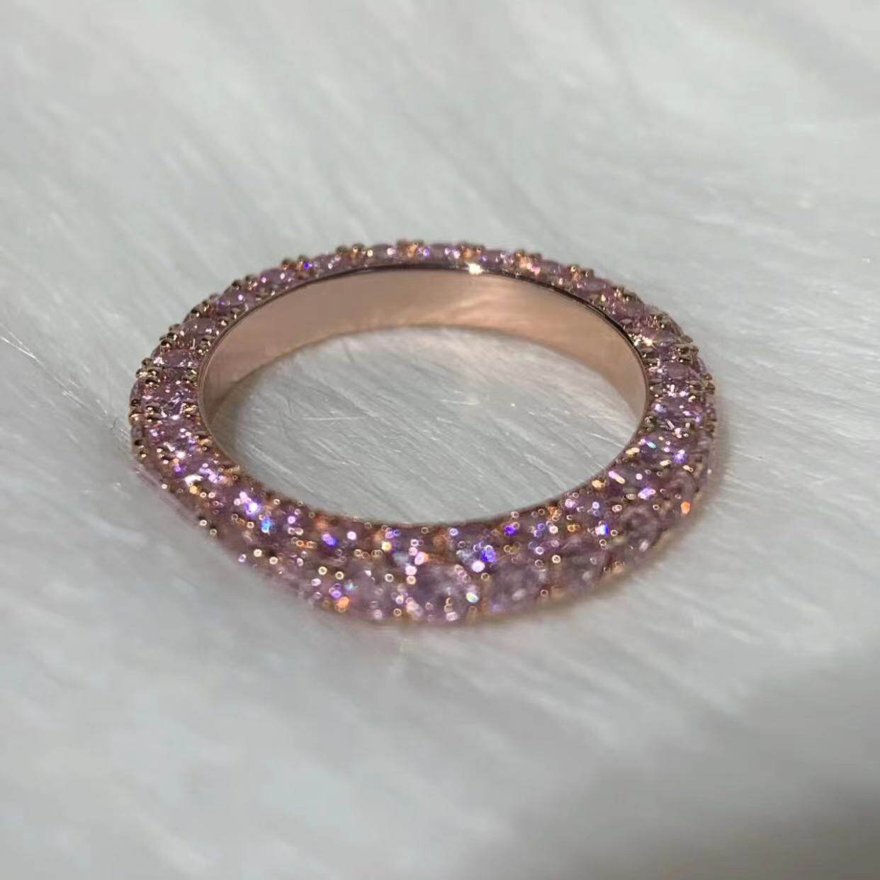 S925纯银玫瑰金紫熏满钻轻奢高级感戒指三面满圈手工镶钻戒指指环