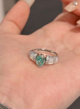 S925纯银vintage中古风帕拉伊巴碧玺白贝戒指女薄荷绿蓝彩宝钻戒