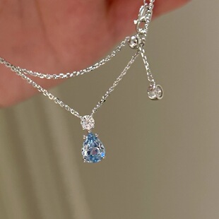 Lucky K S925纯银法式轻奢蓝眼泪海宝蓝水滴吊坠项链锁骨链