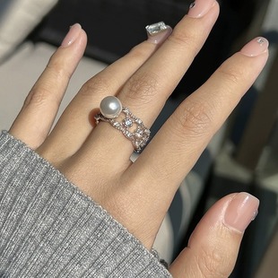 Lucky S925纯银蕾丝镂空复古施家珍珠戒指女轻奢小众精致指环