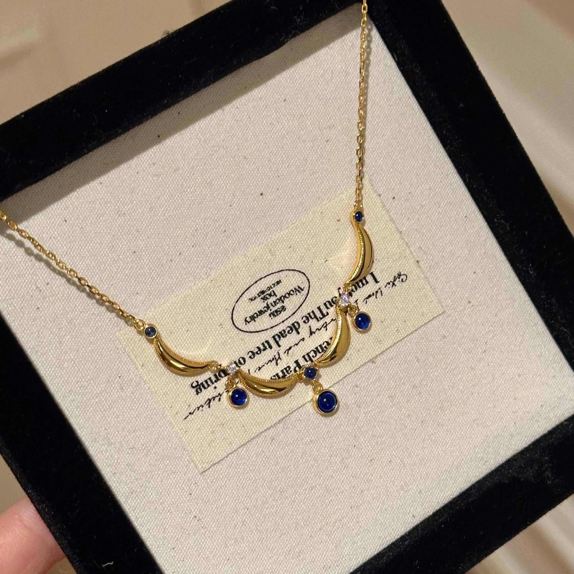 Lucky K S925纯银花边蓝色水滴项链女法式复古锁骨链小众气质颈链